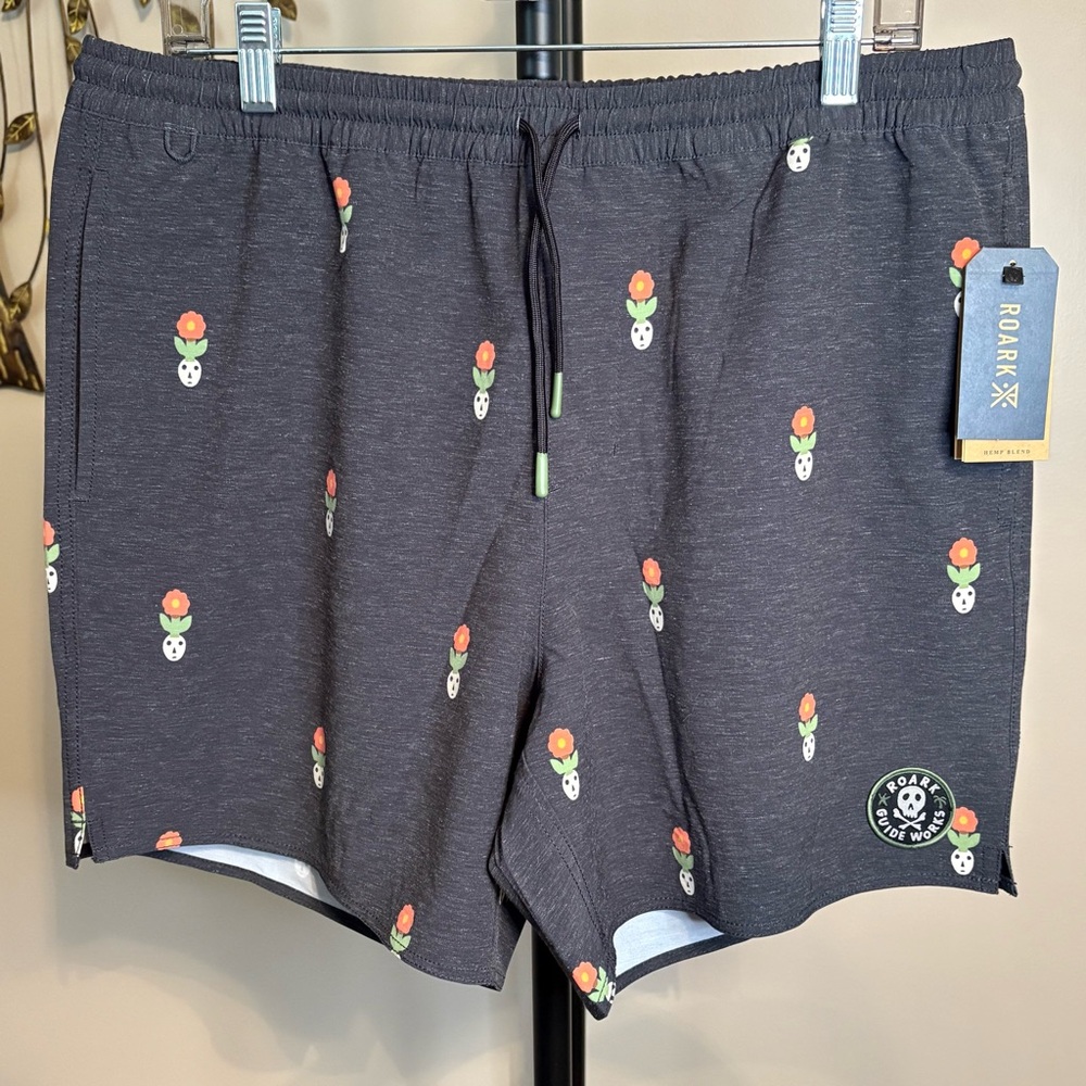 Roark Men's Charcoal Shorts with Colorful Skull and Flower Pattern